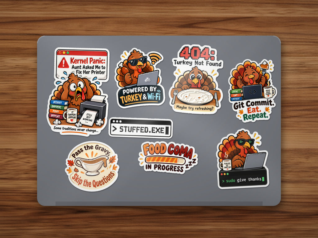 Laptop decorated with Thanksgiving Dev and Classic turkey stickers from the Full Sticker Pack