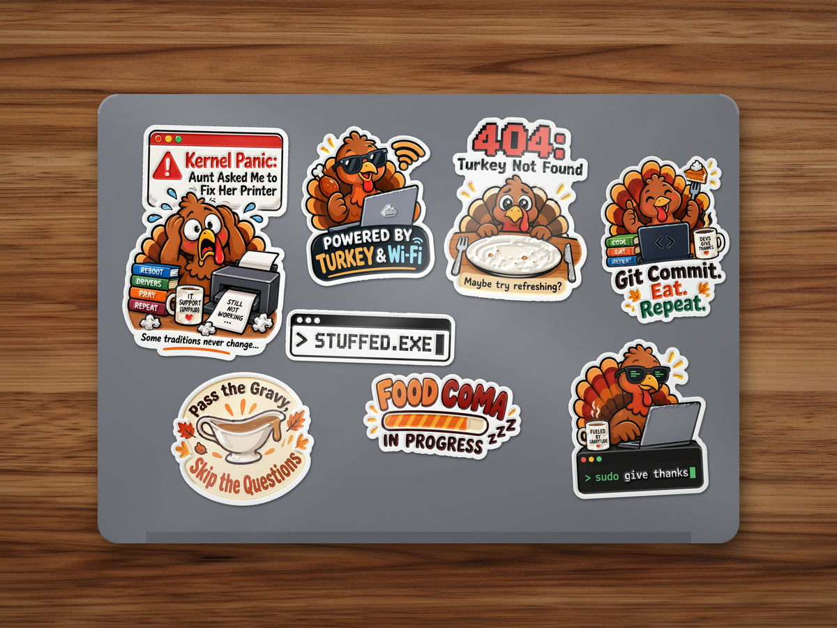 Laptop decorated with Thanksgiving Dev and Classic turkey stickers from the Full Sticker Pack