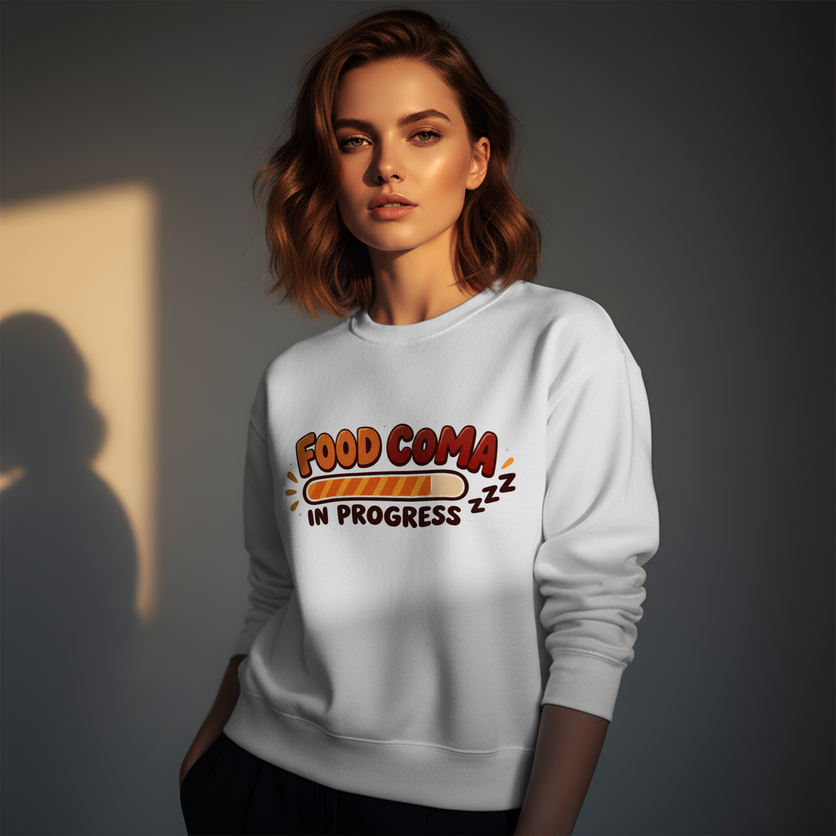 Woman wearing a white Gildan 18000 crewneck sweatshirt with funny Thanksgiving Food Coma In Progress loading bar design
