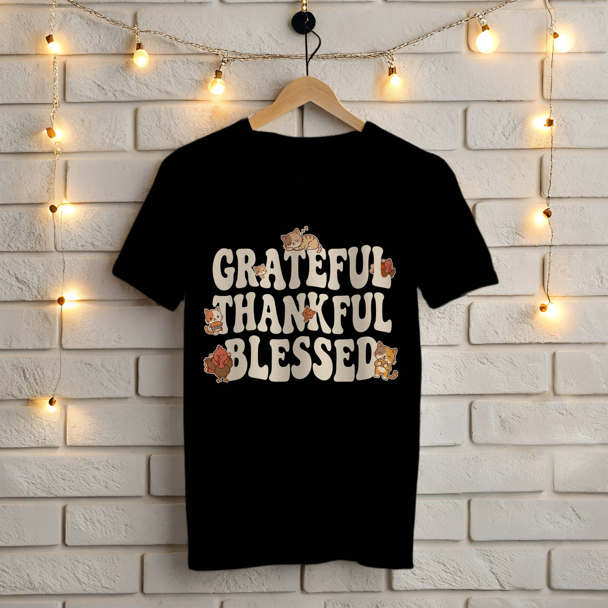 Black Gildan 5000 t-shirt with cute retro Grateful Thankful Blessed Thanksgiving design with kittens and a turkey