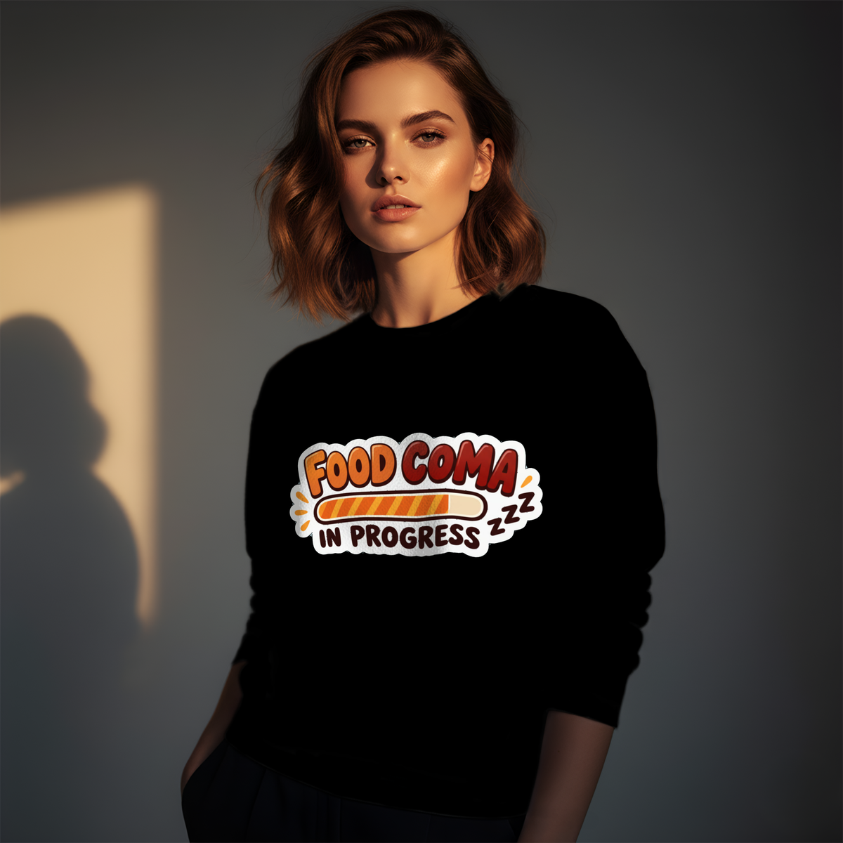 Woman wearing a black Gildan 18000 crewneck sweatshirt with funny Thanksgiving Food Coma In Progress loading bar design