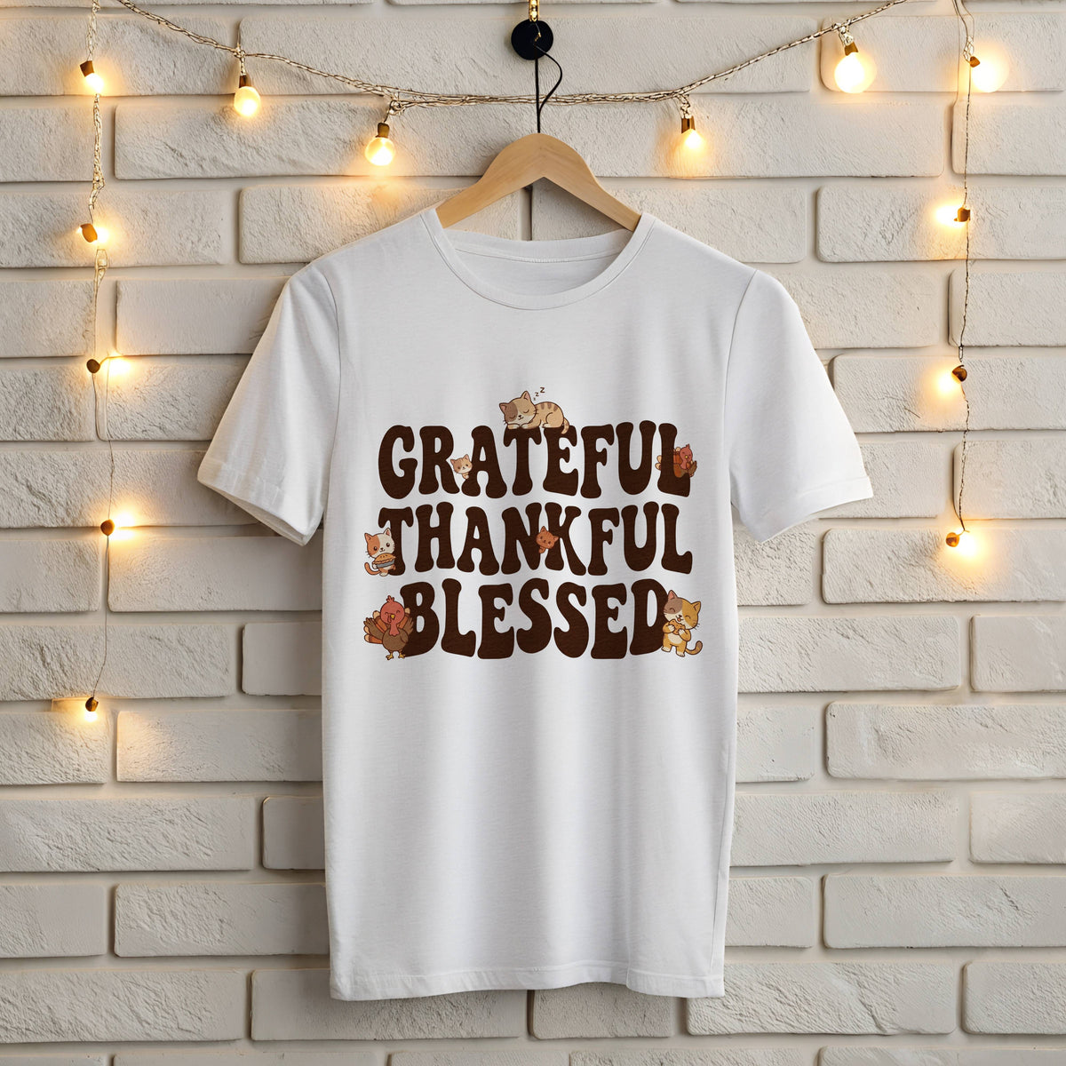 White Gildan 5000 t-shirt with cute retro Grateful Thankful Blessed Thanksgiving design with kittens and a turkey